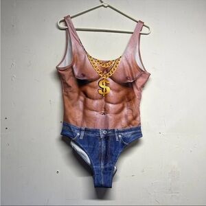 Funny Women’s XL Muscle Man Bod Print Swimsuit One Piece Funny Denim